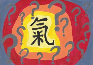 Chinese character surrounded by question marks to indicate that qi is mysterious for those who don't understand it