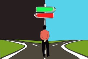 A man standing in front of a fork in the road with an arrow showing the right way, and an arrow showing the wrong way - to illustrate the idea of a qi deviation as a qigong danger