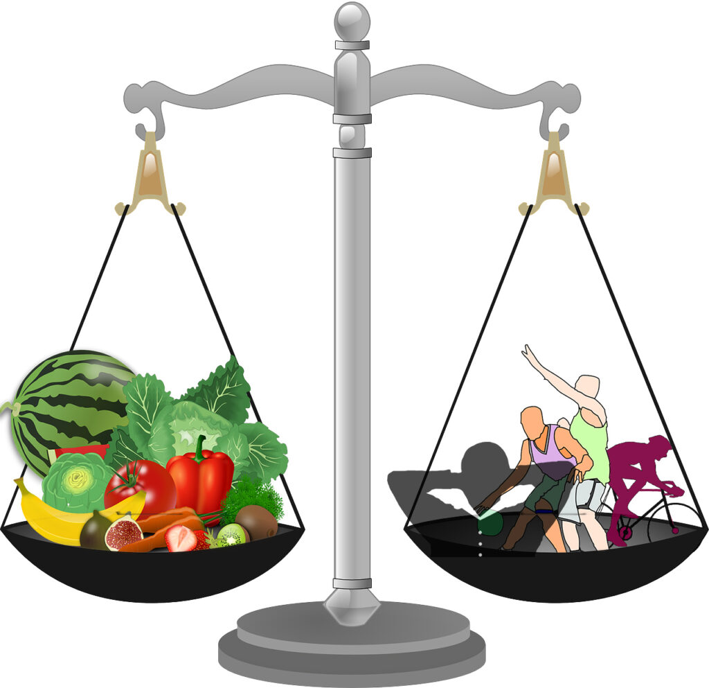 Scales in balance with food on one side and activities in other side, to show the importance of harmony between the food we eat and the amount of activities we perform