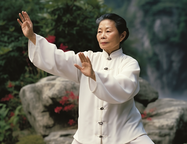 A lady practicing qigong in nature to show the importance of the Curiosity, Belief, Faith, and Knowledge in Qigong Practice