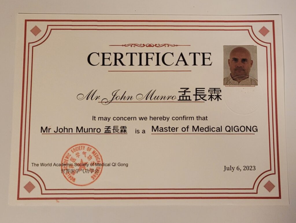 Image of a certificate from the World Academic Society of Medical Qigong recognising John Munro as a Master of Medical Qigong