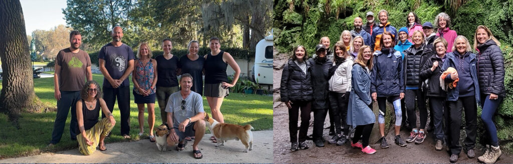 Group photos of Long White Cloud Qigong - Qigong Walking Retreat participants in 2024 - in the Peak District UK, and Savannah, Georgia, USA