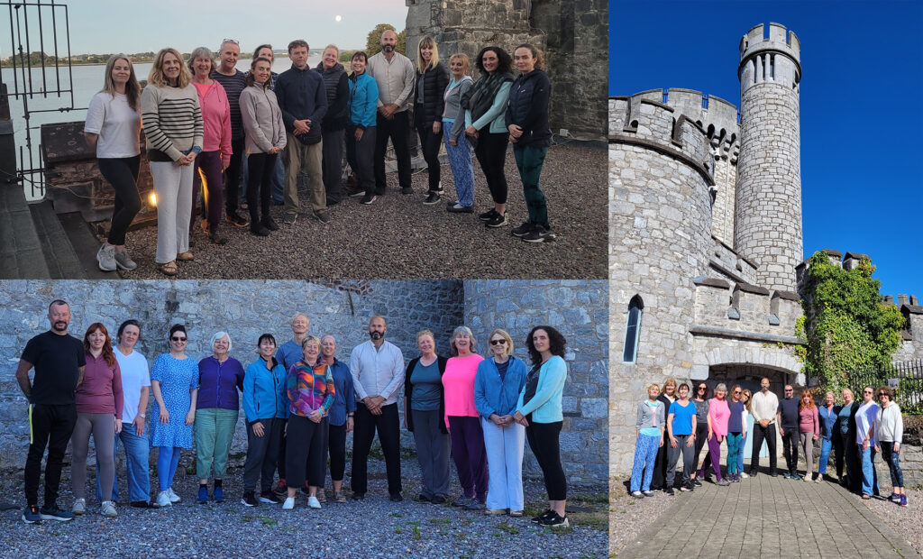 Group photos of people who attended the 2024 Long White Cloud Qigong workshops at Blackrock Castle in Cork, Ireland