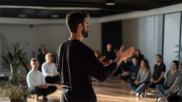 Person teaching qigong to a group of people to show how find a good qigong teacher and what to take in consideration