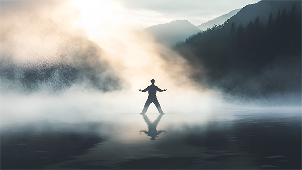 Person practicing qigong in fog to show the mystical way of perceiving it 