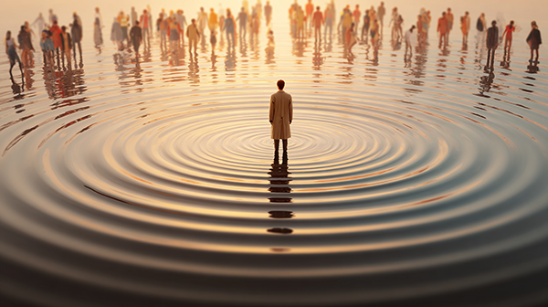 Man creating a ripple to show how from making a simple small choice to do something good for ourselves, the positive benefit can flow out and effect our whole community with little expanding ripples