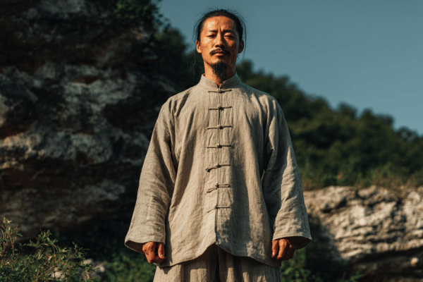 Man wearing qigong clothes standing in Zhan Zhuang to show many benefits that this simple still posture gives