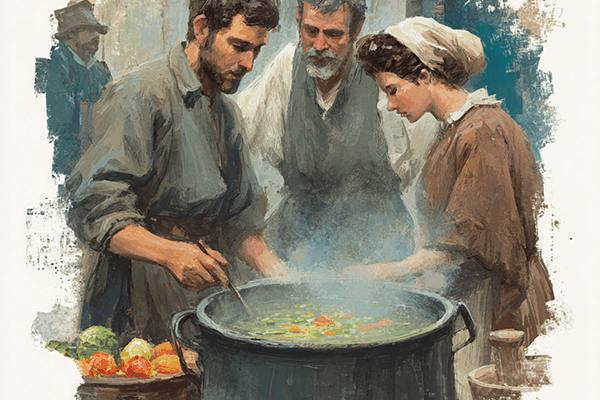 People standing around a stone soup to show the importance of one thing that creates a focal point to bring all of the other good things together