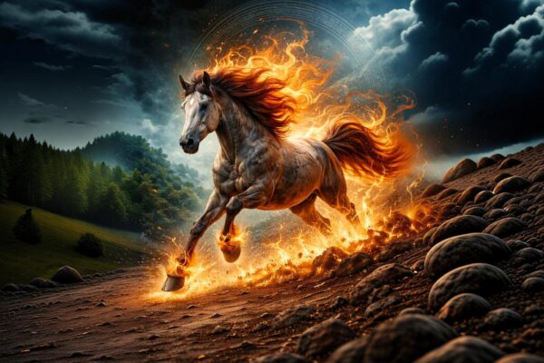 White horse with flames gallops through smoke and clouds, signifying the vibrant energy of the year of the fire horse 2026