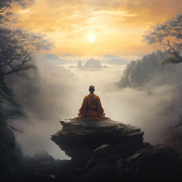 A Buddhist Monk on a high mountain in a mist to show the history and origins of Qigong