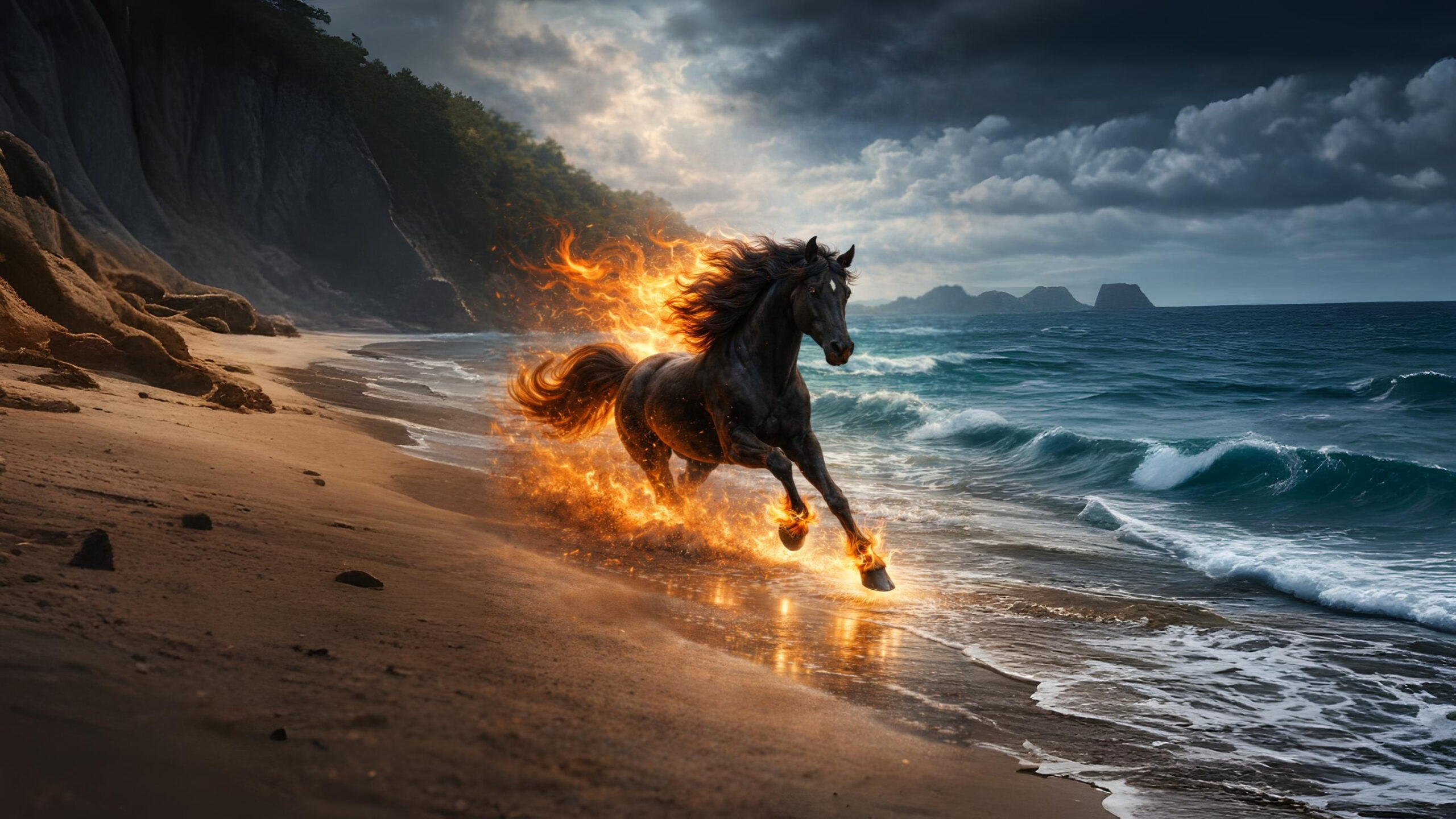 Black horse with flames gallops on a beach, signifying the vibrant energy of the year of the fire horse 2026